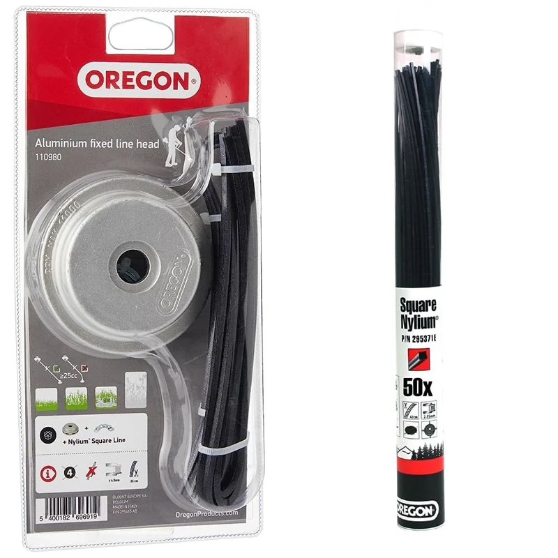 Oregon 110980 Universal Aluminium Fixed Trimmer Head with Nylium Line & Square Nylium 295372E Precut Heavy Duty Trimmer Line for Dry Ve,3.75 mm x 42 cm