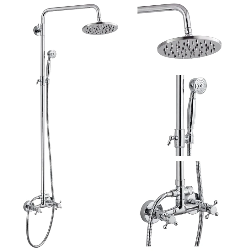 Heyalan Polish Chrome Dual Functions Exposed Pipe Shower System Round Rainfall 8 Inch Shower Head Brass Fixture Combo Set 2 Handles with Handheld Sprayer Bathroom Shower Faucet Adjustable Shower Bar