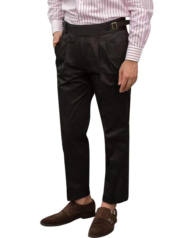 Snoly Men's Spring Fall Retro Cotton Tapered Leg Flat Front Chino Pant Straight Western Gurkha Pants, Black, Large