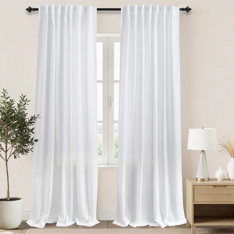 KOUFALL White Linen Sheer Curtains Drapes 96 Inches Long 2 Panels for Living Room 96 Inch Length Semi Light Filtering Curtains for Bedroom