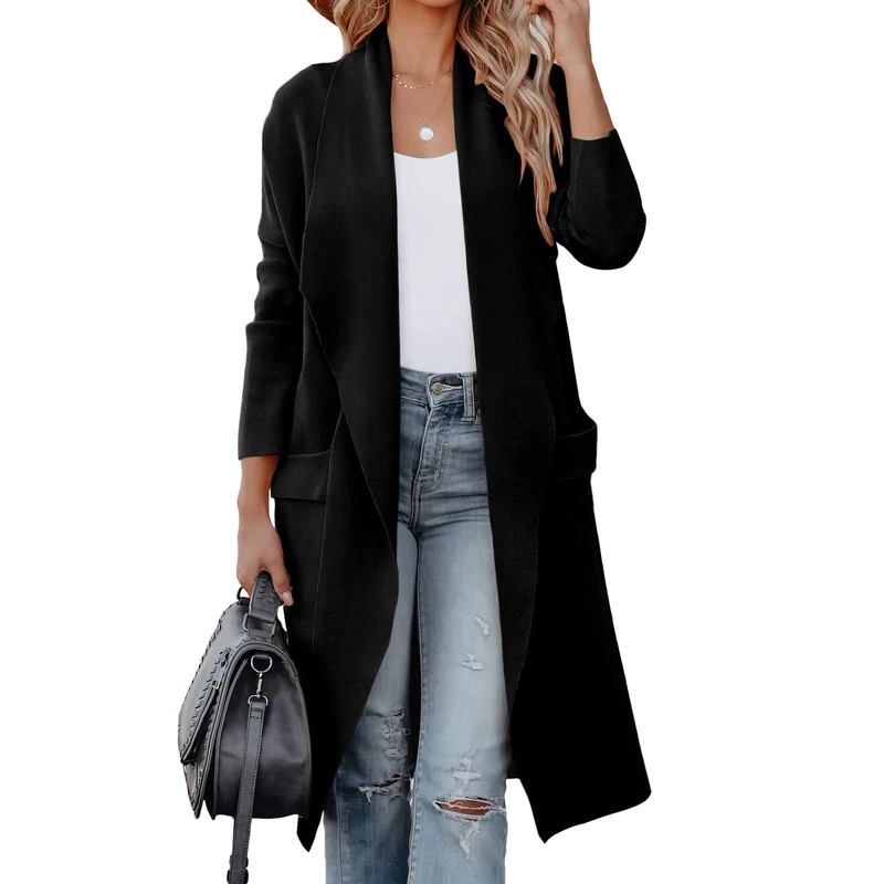kinstell Women's Casual Long Sleeve Open Front Knit Draped Long Cardigan Jackets Sweater Coat Blazer with Pockets Black