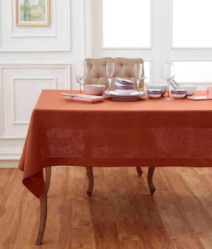 Solino Home 100% Linen Tablecloth Cinnamon, Classic Hemstitch 60 x 144 in