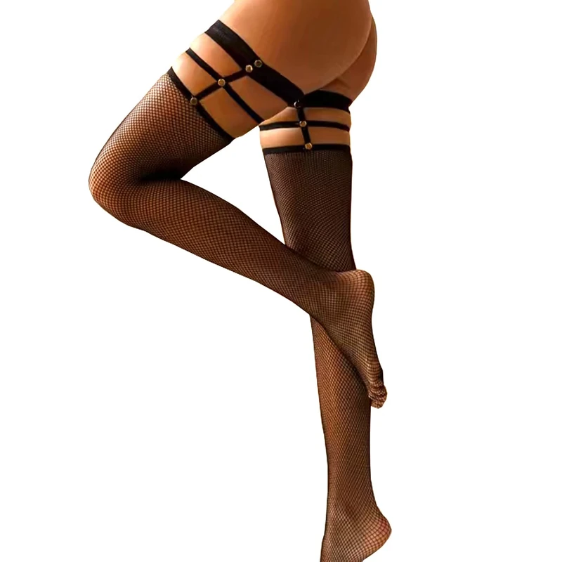 Fohevers Womens Rivet Fishnet Thigh High Stockings - Black