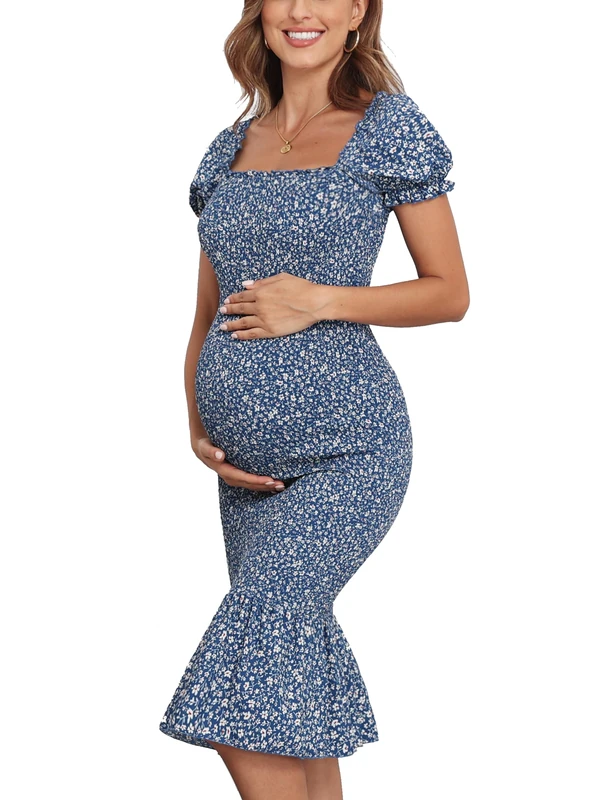AONESX Maternity Summer Floral Midi Bodycon Dresses, Short Puff Sleeve Square Neck Ruffle Hem Mermaid Baby Shower Dress, Blue, XL - Image 1