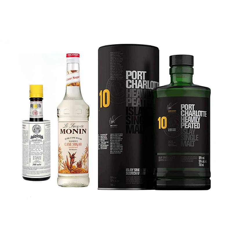Bruichladdich "Smokey Old Fashioned" Cocktail Bundle - Port Charlotte 10 Year Old Heavily Peated Islay Single Malt Scotch Whisky, MONIN Premium Cane Sugar Syrup & Angostura Aromatic Bitters