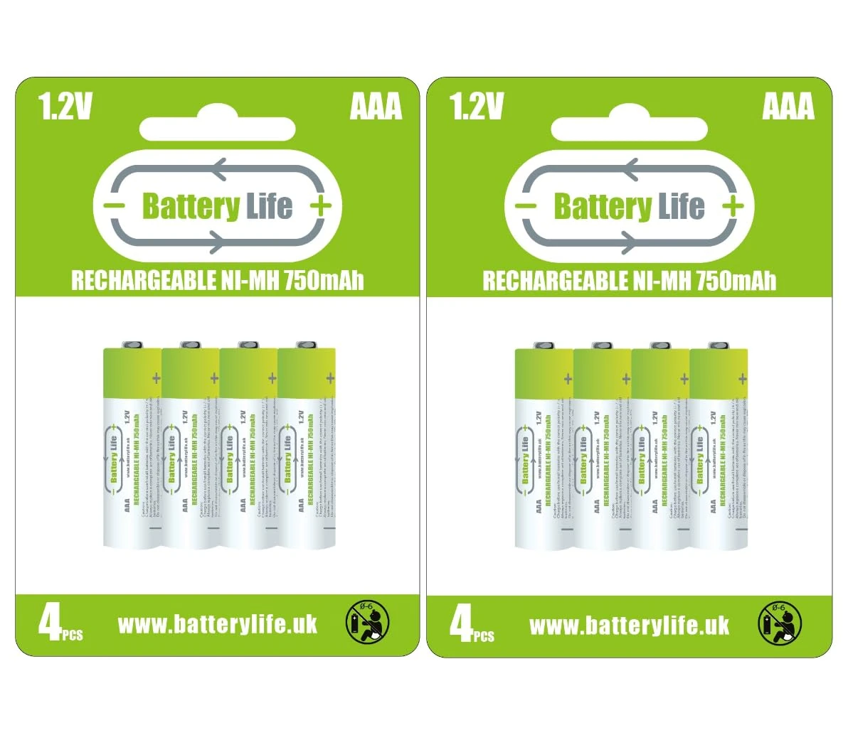 Battery Life AAA Rechargeable Batteries (8 pack) 750mAh Ni-MH 1.2v Household UK Brand