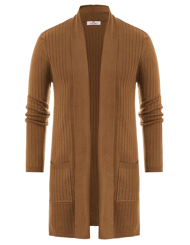PJ PAUL JONES Men's Shawl Collar Open Front Long Cardigan Ribbed Knit Sweater with Pockets, Brown, Large