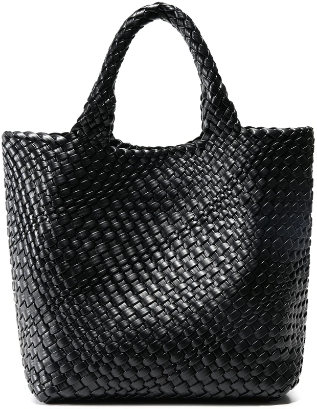 Woven Bag for Women, Vegan Leather Tote Bag Large Summer Beach Travel Handbag and Purse Retro Handmade Shoulder Bag, Black