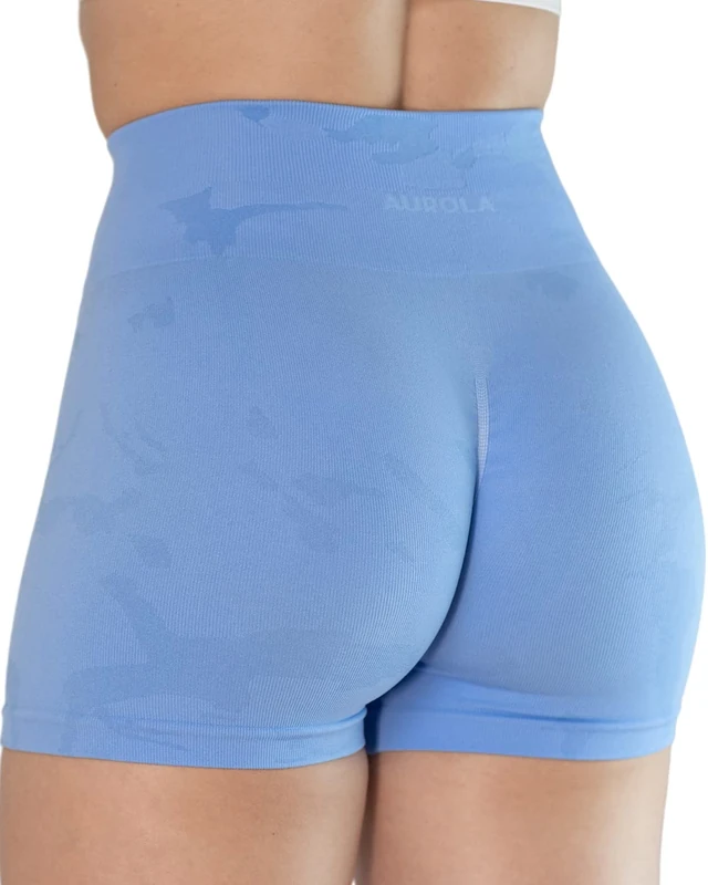 AUROLA CAMO Workout Shorts for Women Subtle Logo Seamless High Waist Squat Proof Scrunch Gym Running Active Short, Serenity Blue, S
