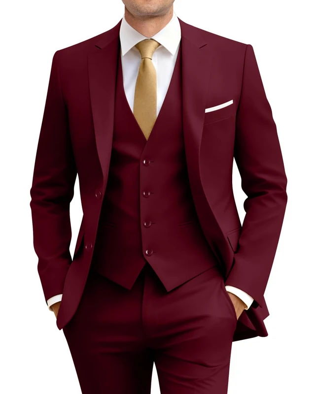 Amyox Men's Slim Fit 3 Piece Suit Two Button Business Wedding Dress Tux Suit Set Jacket Vest Pants with Tie, Burgundy, Small