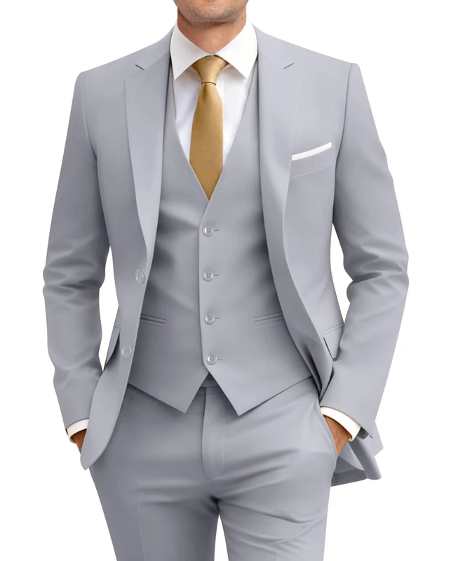 Amyox Men's Slim Fit 3 Piece Suit Two Button Business Wedding Dress Tux Suit Set Jacket Vest Pants with Tie, Grey, X-Large