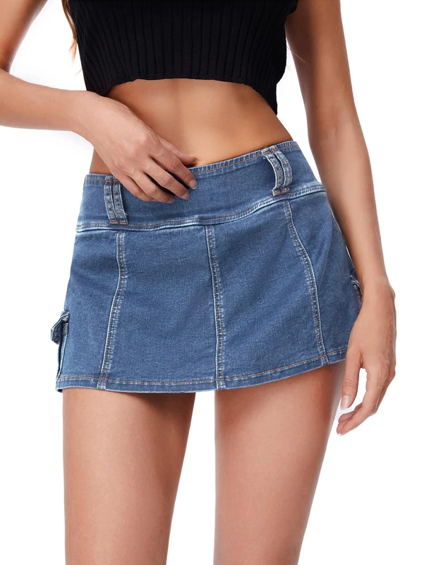 Floerns Women's Casual A Line Flare Jean Denim Mini Skirts with Pocket, Light Blue, Large