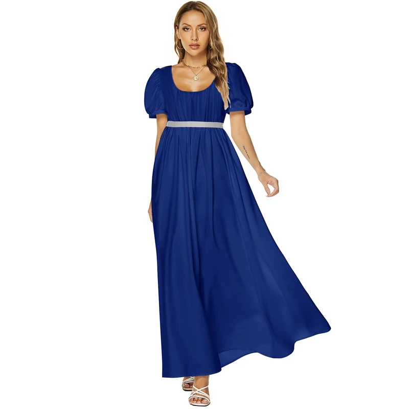 Regency Dresses for Women Victorian Tea Gown Dress with Satin Sash Vintage Ball Gown Ruffle Puff Sleeve, Royal Blue, L