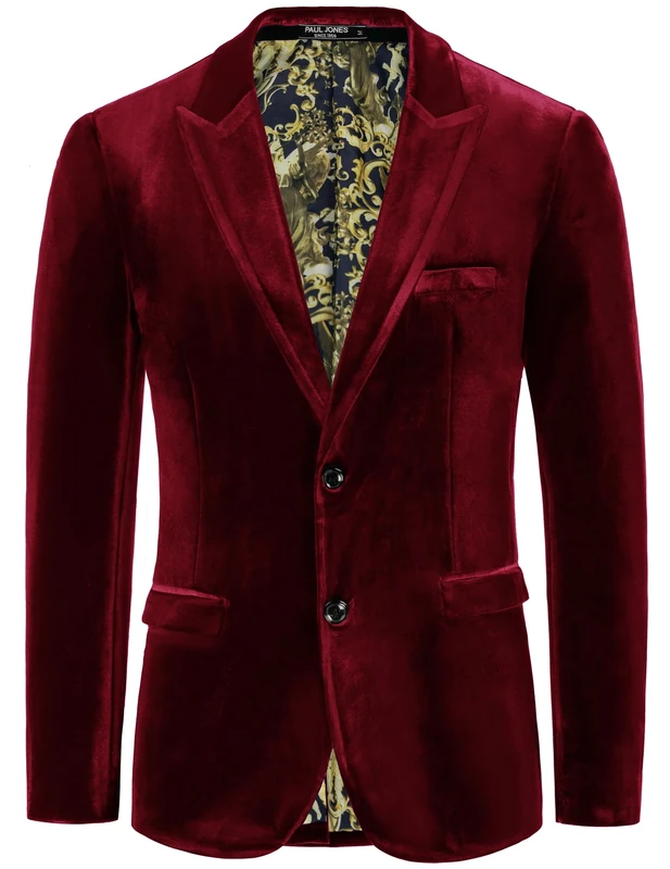 PJ PAUL JONES Mens Velvet Blazer Two Button Solid Slim Fit Blazer Sport Coat for Dinner Prom Wedding, Wine, M