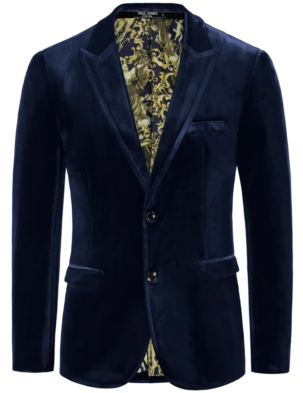 PJ PAUL JONES Mens Velvet Blazer Two Button Solid Slim Fit Blazer Sport Coat for Dinner Prom Wedding, Navy, Medium