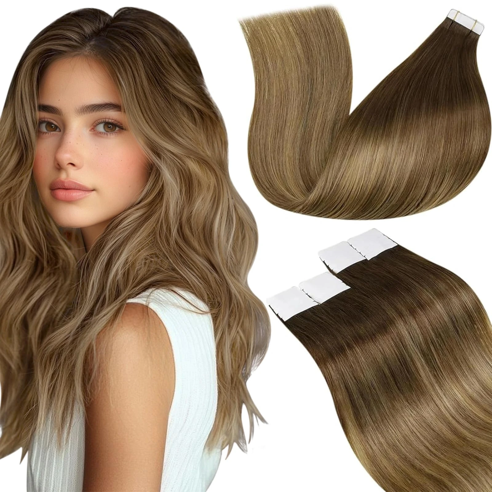 LaaVoo Tape in Hair Extensions Human Hair Brown Tape Hair Extensions Real Human Hair Invisible Tapes Remy Straight Balayage Brown Shadows Hair Double Sided Tabs 20pcs 30g 12 Inch #6/8/14