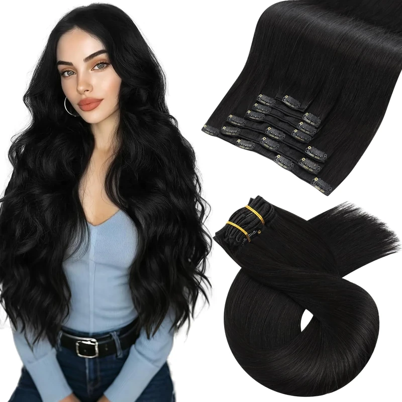 Moresoo Clip in Hair Extensions Real Human Hair Off Black 18 Inch Human Hair Extensions Clip in 7pcs/120g Remy Straight Hair Natural Black for Women Full Head #1B