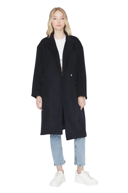 Trendyol Women's Men’s Collar Plain Oversize Coat, Navy Blue, 42