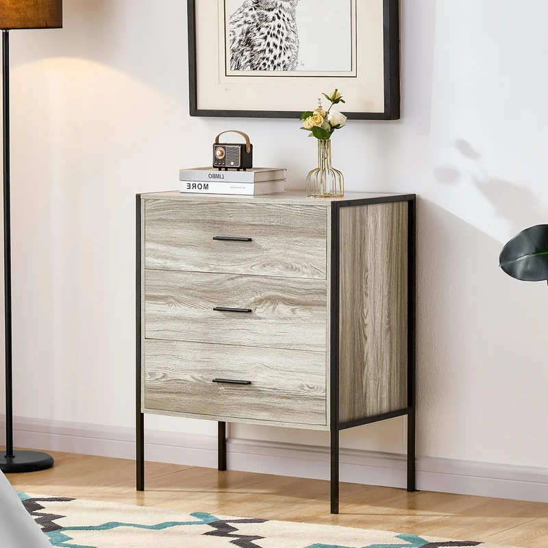 Vida Designs Brooklyn Industrial Chest of Drawer Rustic Bedroom Storage Unit, Cabinet Dresser with Metal Frame (Grey, 3 Drawer)