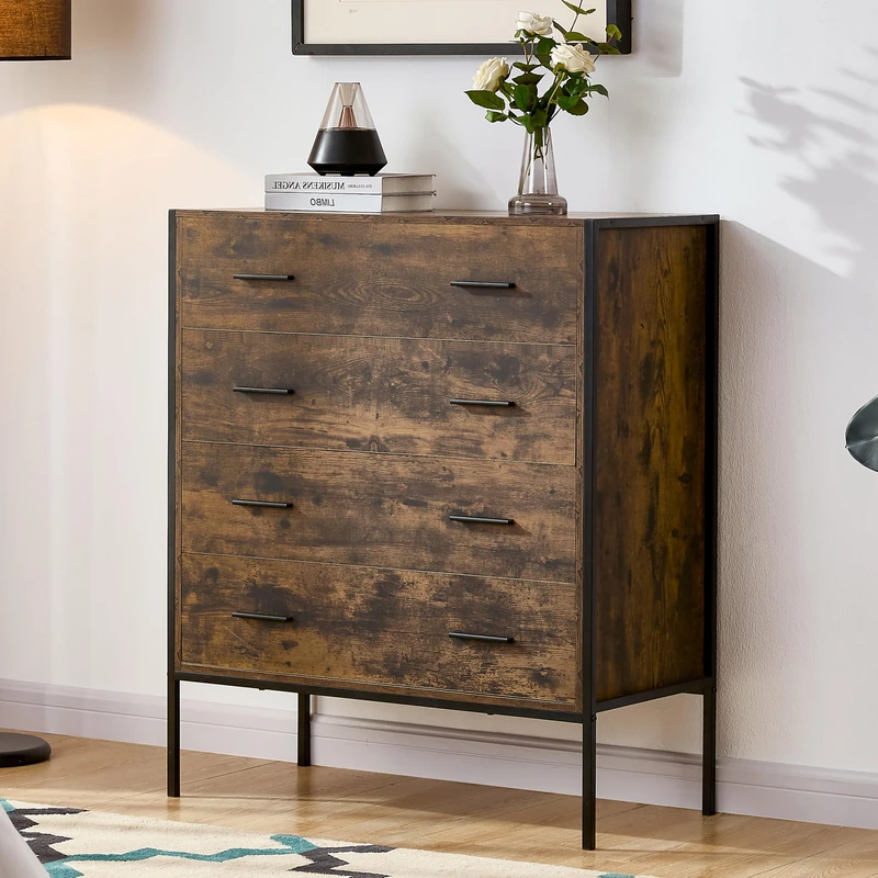 Vida Designs Brooklyn Industrial Chest of Drawer Rustic Bedroom Storage Unit, Cabinet Dresser with Metal Frame (Dark Wood, 4 Drawer)