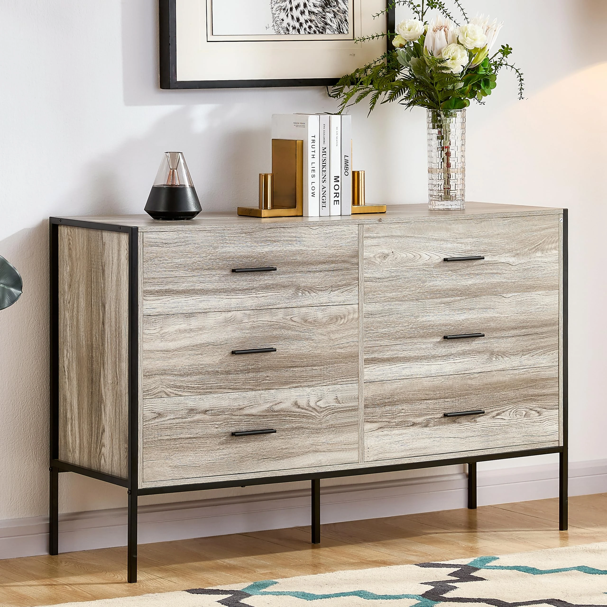 Vida Designs Brooklyn Industrial Chest of Drawer Rustic Bedroom Storage Unit, Cabinet Dresser with Metal Frame (Grey, 6 Drawer Wide)