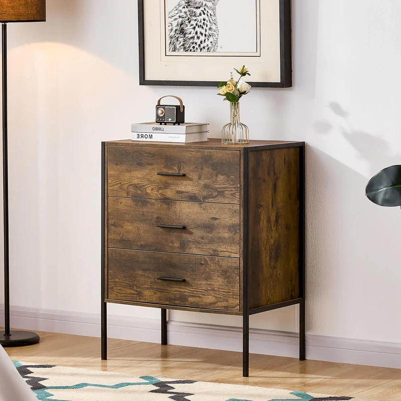 Vida Designs Brooklyn Industrial Chest of Drawer Rustic Bedroom Storage Unit, Cabinet Dresser with Metal Frame (Dark Wood, 3 Drawer)