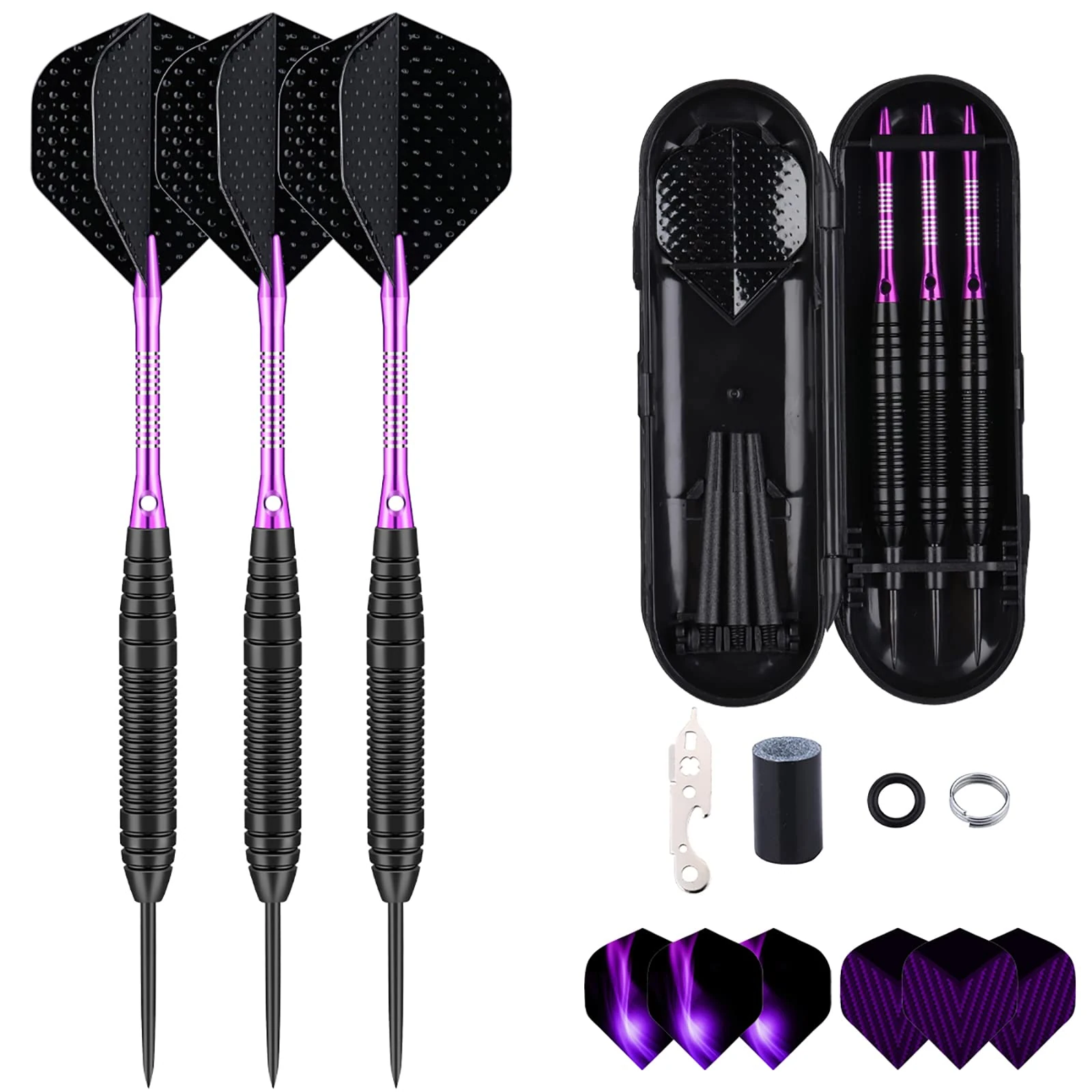 Professional 3 Pack 22 Grams Steel Tip Darts Set With Purple Aluminum Shafts 9pcs Standard Flights + 50pcs Rubber O-Rings + 12pcs Spring Rings + 1pcs Dart Sharpener Tool