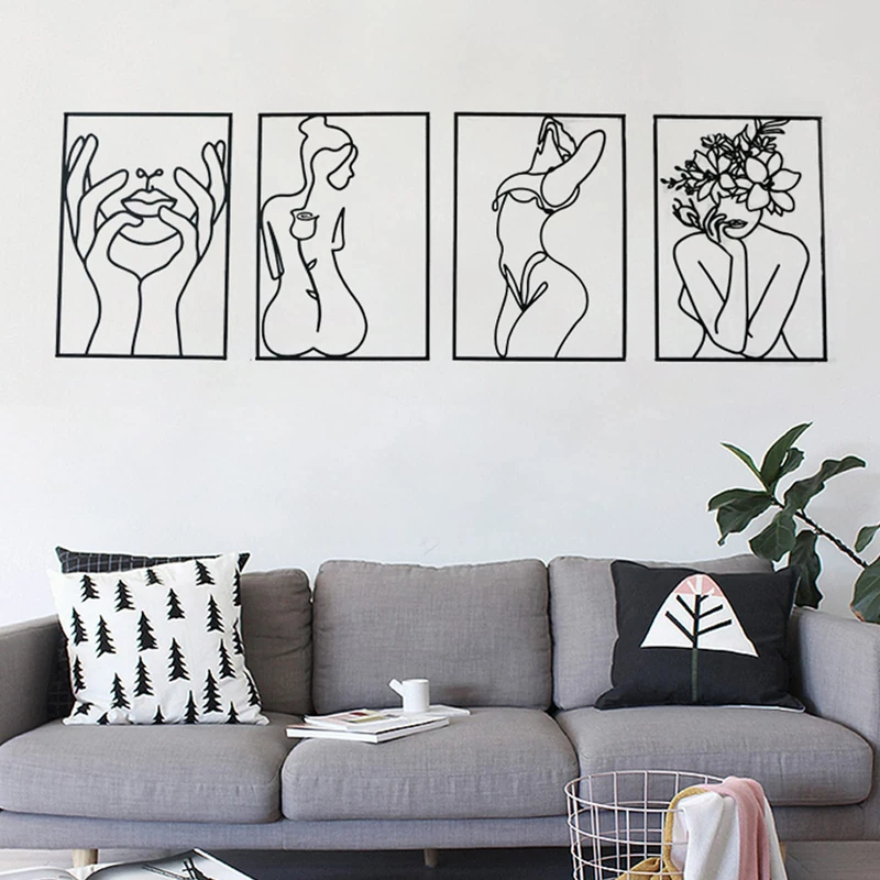 Glamativity 4 Pack Black Wall Art Décor, Minimalist Décor Single Line Art Wall Décor, Real Metal Wall Art, Woman's Body Shape Abstract Wall Art (Black Classic Style, M Size 17 x 11.8'')