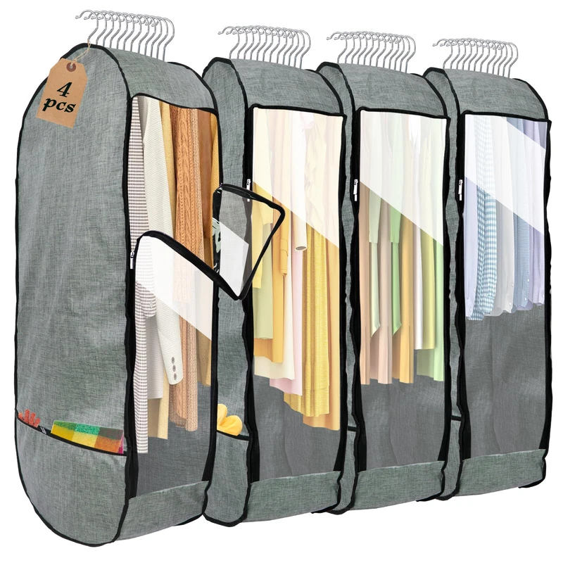 50”Garment Bags for Hanging Clothes,Chakera Large Breathable Garment Bag for Closet Storage with 10”Gusseted,Clear Clothing Storage Garment Cover for Dress Sweater with Double Zipper,4 Packs,Grey