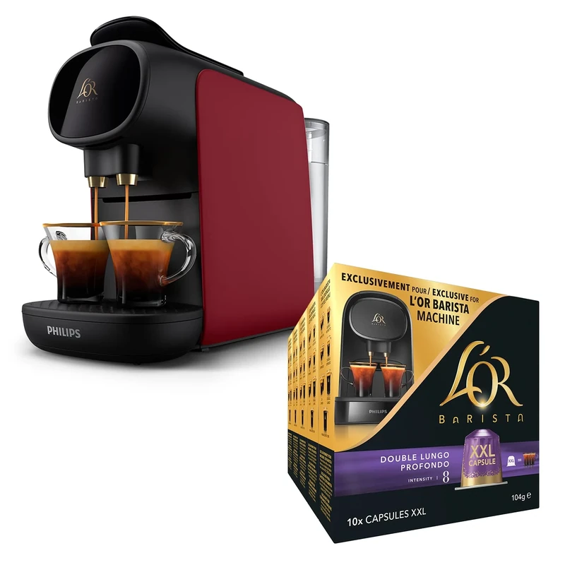 L'OR BARISTA Sublime Coffee Machine Red by Philips with L'OR Double Lungo Profondo XXL 5X10PC, Double Shot, Aluminium Coffee Capsules (Total 50 XXL Capsules) Intensity 8