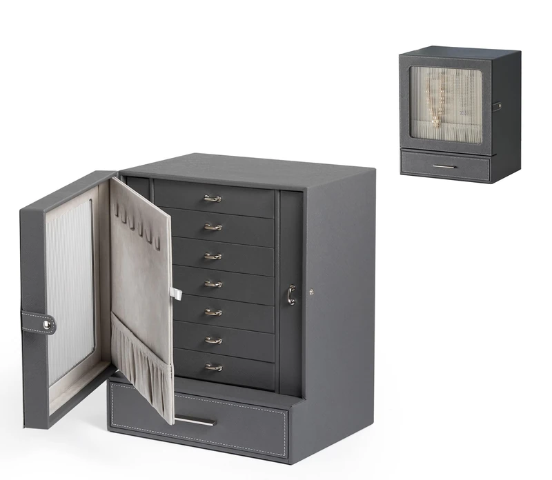 Meerveil Large Jewellery Box, 10 Layer Extra Jewelry Oganiser, Changhong Glass, PU Leather, Jewelry Storage Box for Necklaces, Earrings, Bracelet Organizer, Gift for Girls and Women, Grey