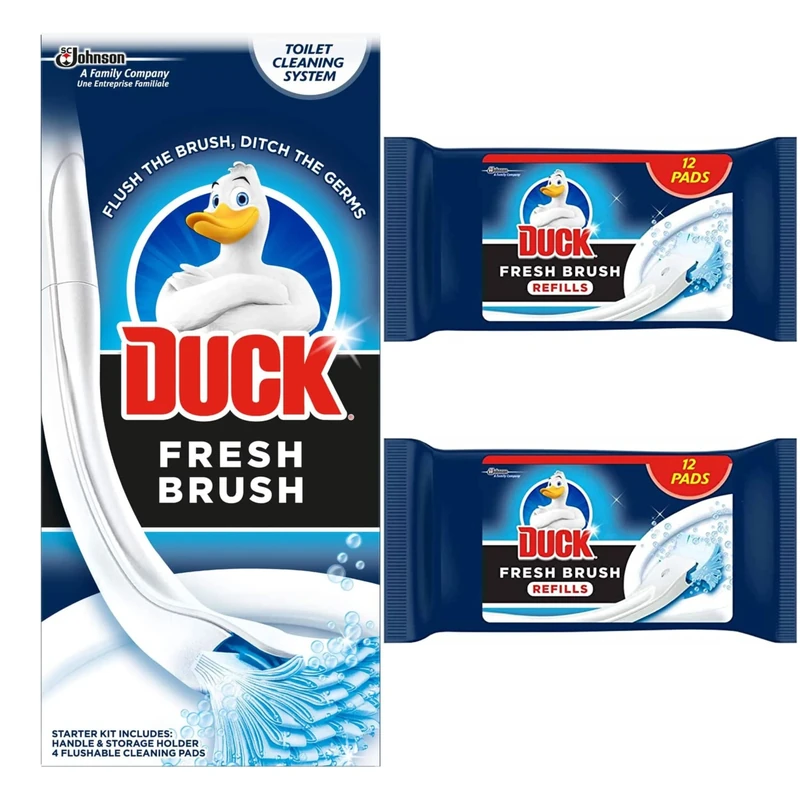 Toilet Cleaner Starter Kit Bundle Includes 1 Duck Fresh Brush With Holder and 24 Flushable Cleaning Duck Fresh Brush Refill Pads