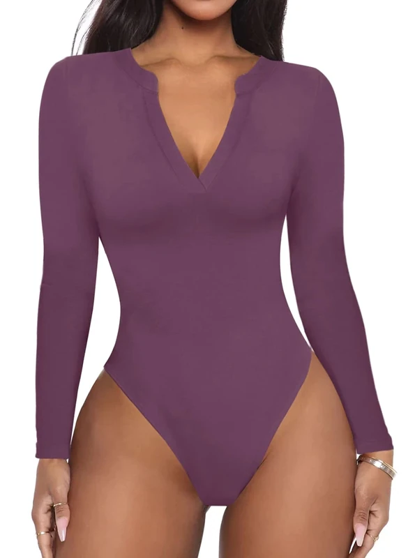 REORIA Women's Casual Sexy V Neck Fitted Long Sleeve T Shirts Work Slimming Ribbed Thong Leotards Bodysuits Tops Purple Medium