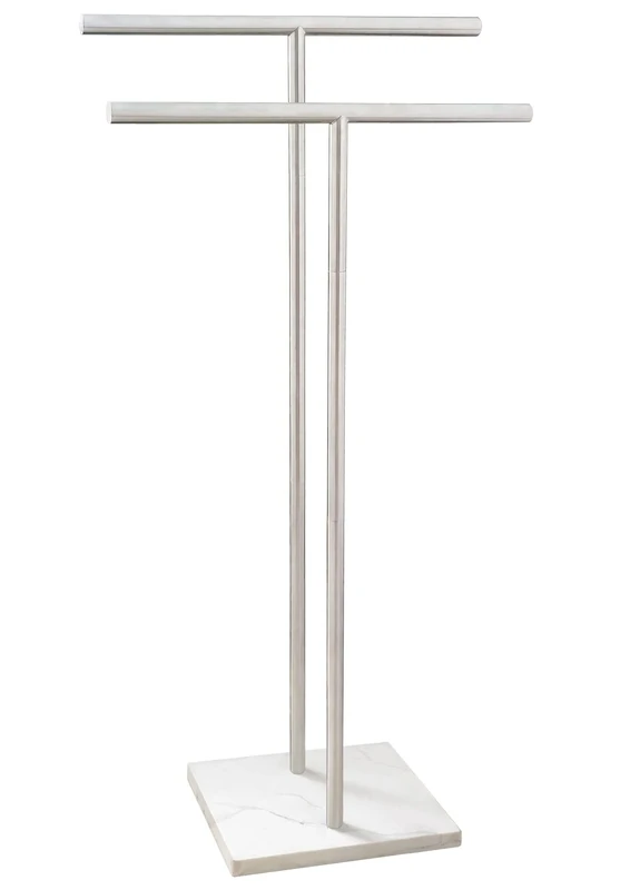 EADOT Standing Towel Rack Double-T Shape Bath Towel Sheet Holder with Marble Design Base for Bathroom Floor Next to Tub or Shower 2 Tier Towel Holder Stand Stainless Steel Brushed Nickel