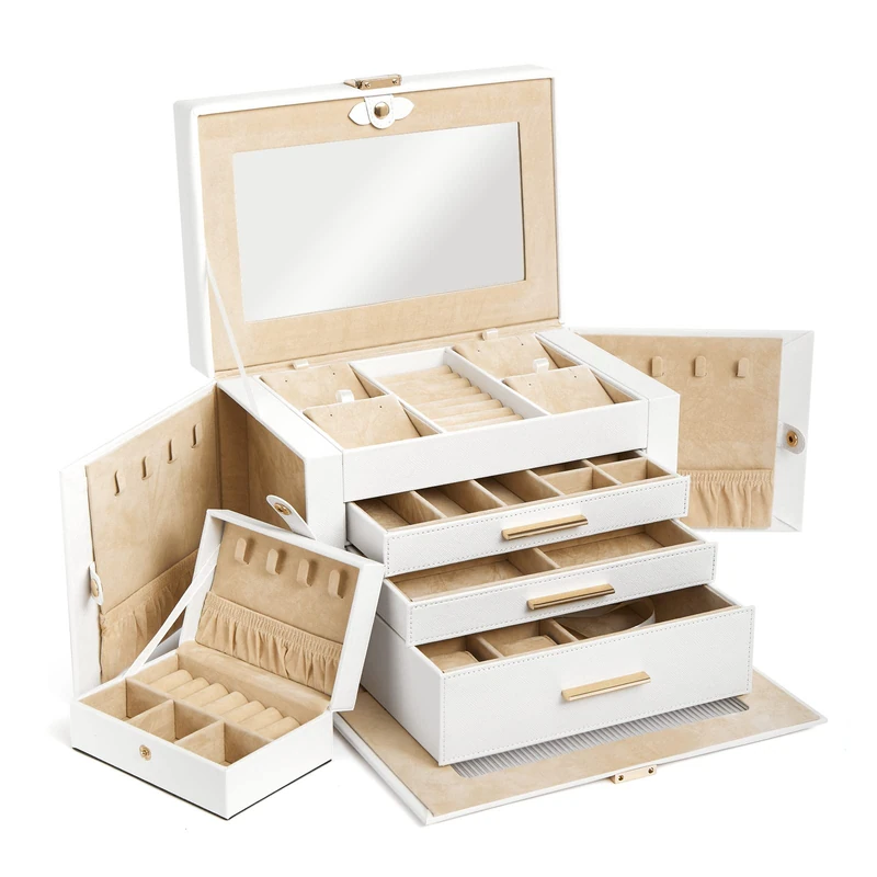 Meerveil Large Jewellery Box with a Mini Travel Jewelry Case, 4 Layers Jewellery Organiser with Mirror, Semi-transparent Glass, for Necklaces Ring Bracelets Earring PU Leather White