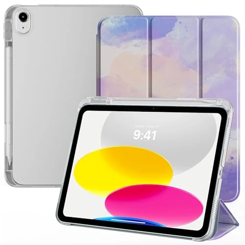 TiMOVO Case for iPad A16 11th Generation 2025 11 Inch/iPad 10th Generation 2022 10.9 Inch with Pencil Holder, Slim Stand Cover with Translucent Back, Support Touch ID,Auto Wake/Sleep,Watercolor Purple