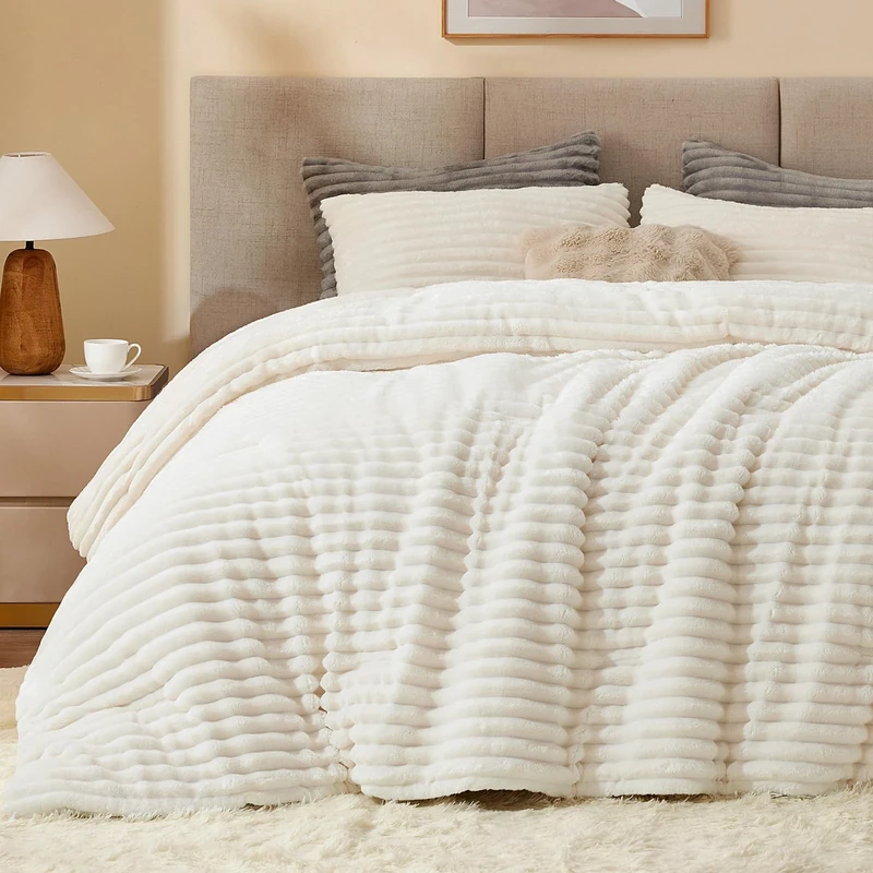 BEDELITE Fleece Queen Comforter Set -Super Soft & Warm Fluffy White Bedding, Luxury Fuzzy Heavy Bed Set for Winter with 2 Pillow Shams