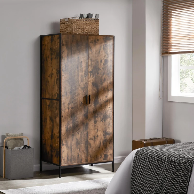 Vida Designs Brooklyn 2 Door Wardrobe Clothes Hanging Rail Shelf Industrial Rustic Bedroom Furniture (Dark Wood)