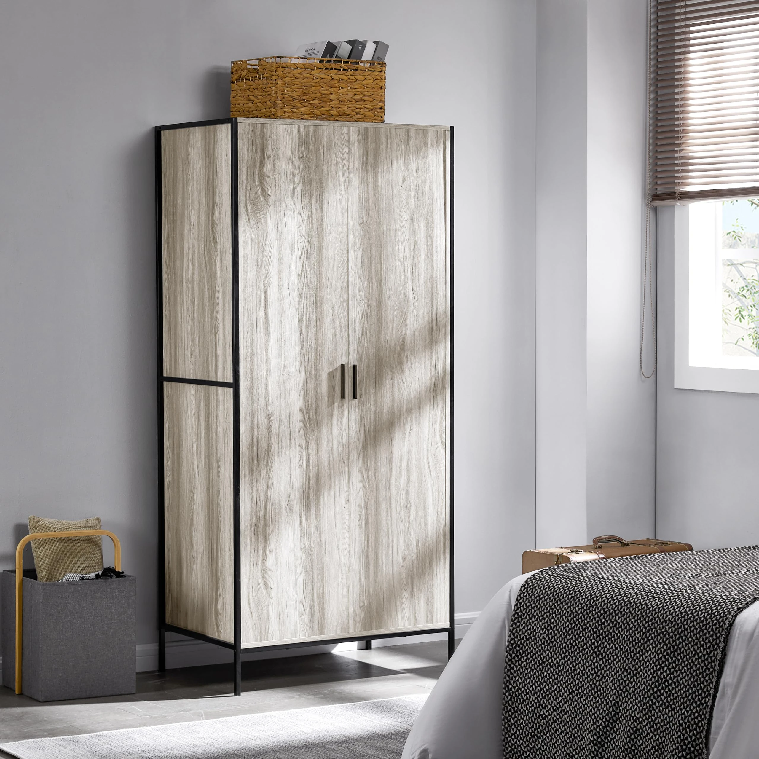 Vida Designs Brooklyn 2 Door Wardrobe Clothes Hanging Rail Shelf Industrial Rustic Bedroom Furniture (Grey)