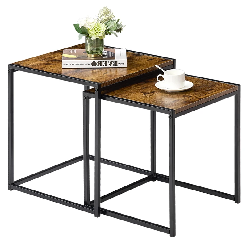Vida Designs Brooklyn Nest of Tables 2 Piece Set Coffee Side End Tables Industrial Rustic Living Room Furniture (Dark Wood)