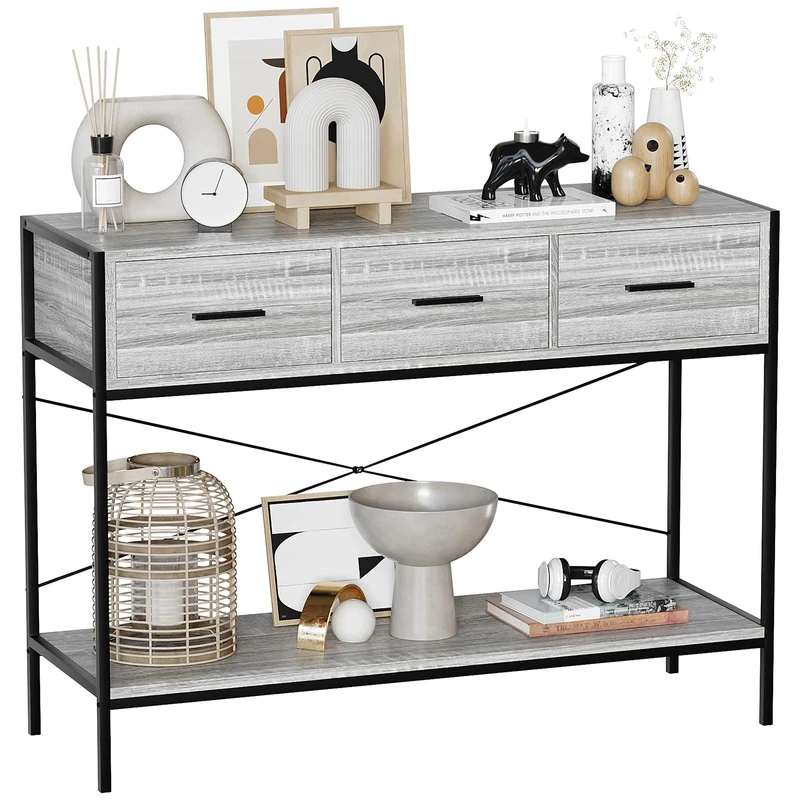 Vida Designs Brooklyn Console Table Hallway Living Room Rustic Shelf Industrial Storage Furniture (Grey, 3 Drawer)