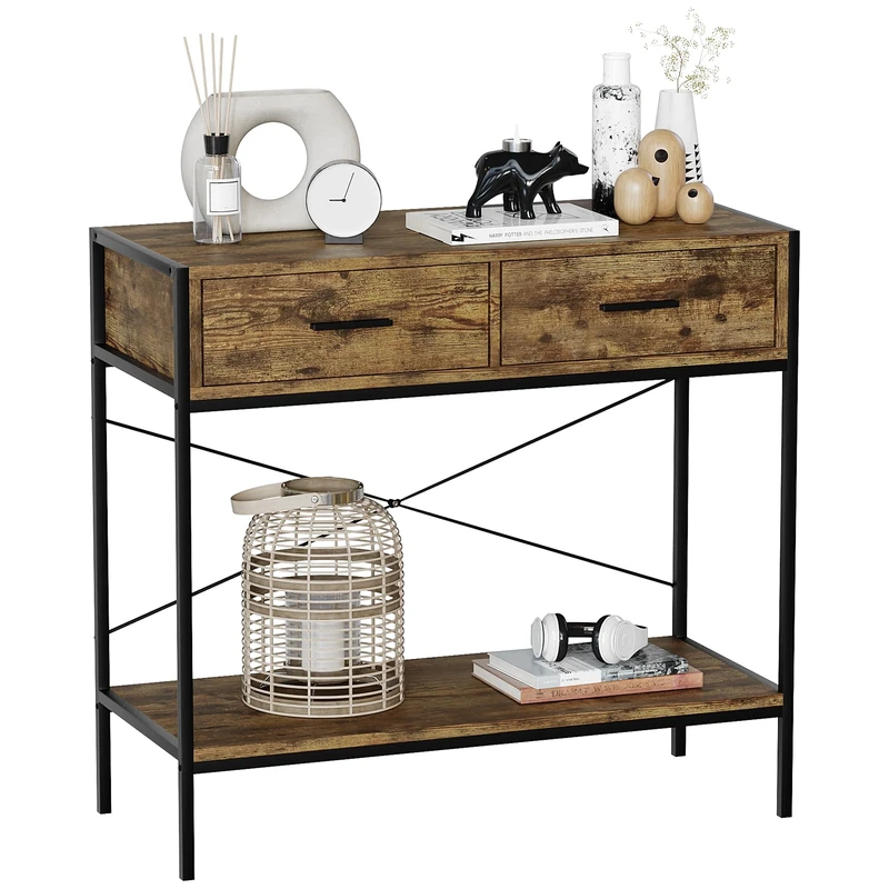 Vida Designs Brooklyn Console Table Hallway Living Room Rustic Shelf Industrial Storage Furniture (Dark Wood, 2 Drawer)