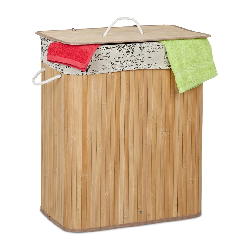 Relaxdays Bamboo Laundry Basket, 2 Compartments, Washing Hamper with Lid, 64 x 55 x 34.5 cm, Removable Sack, Natural, 4 x 55 x 34.5 cm