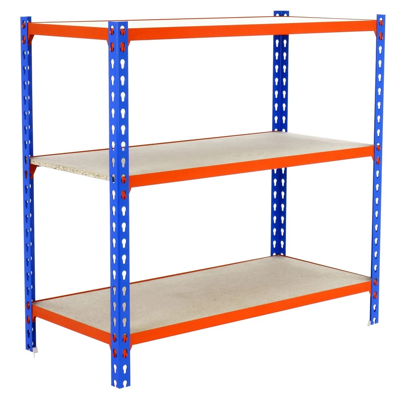 Simon Rack Garage Shelving Unit 1000x1100x500 mm, 3 Tier Metal Rack with 16 mm MDF Shelves, 200 kg per Shelf, Blue/Orange/Wood – Maderclick