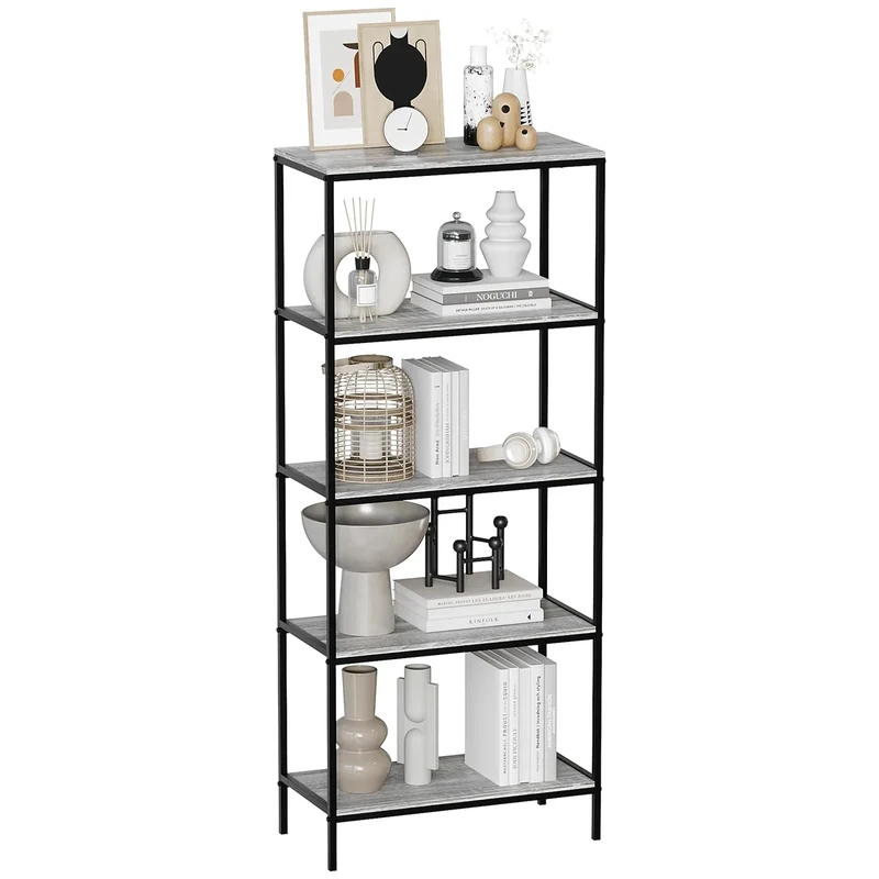 Vida Designs Brooklyn Bookcase Wooden Shelving Shelf Storage Display Shelves Unit Industrial Rustic Furniture (Grey, 5 Tier)