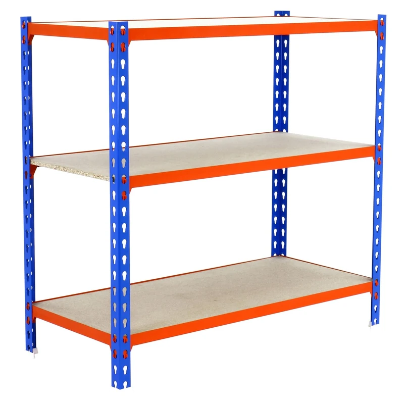 Simon Rack Garage Shelving Unit 1000x800x500 mm, 3 Tier Metal Rack with 16 mm MDF Shelves, 150 kg per Shelf, Blue/Orange/Wood – Maderclick