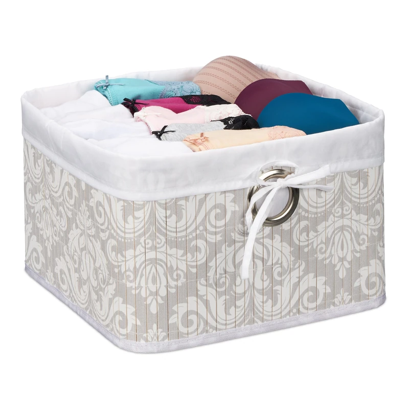 Relaxdays Bamboo Storage Basket, Fabric Lining, 20 x 31 x 31 cm, Folding Shelf Tidy with Handle Hole, Floral, Grey/White