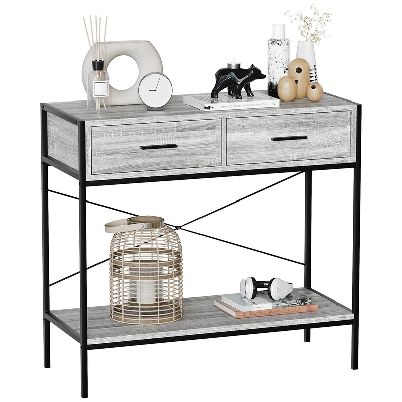 Vida Designs Brooklyn Console Table Hallway Living Room Rustic Shelf Industrial Storage Furniture (Grey, 2 Drawer)