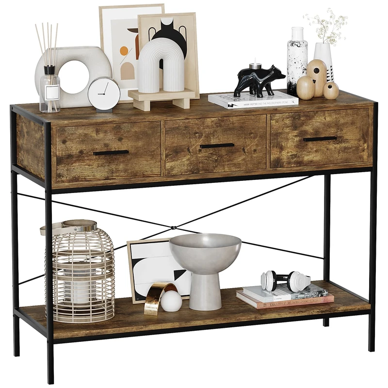 Vida Designs Brooklyn Console Table Hallway Living Room Rustic Shelf Industrial Storage Furniture (Dark Wood, 3 Drawer)