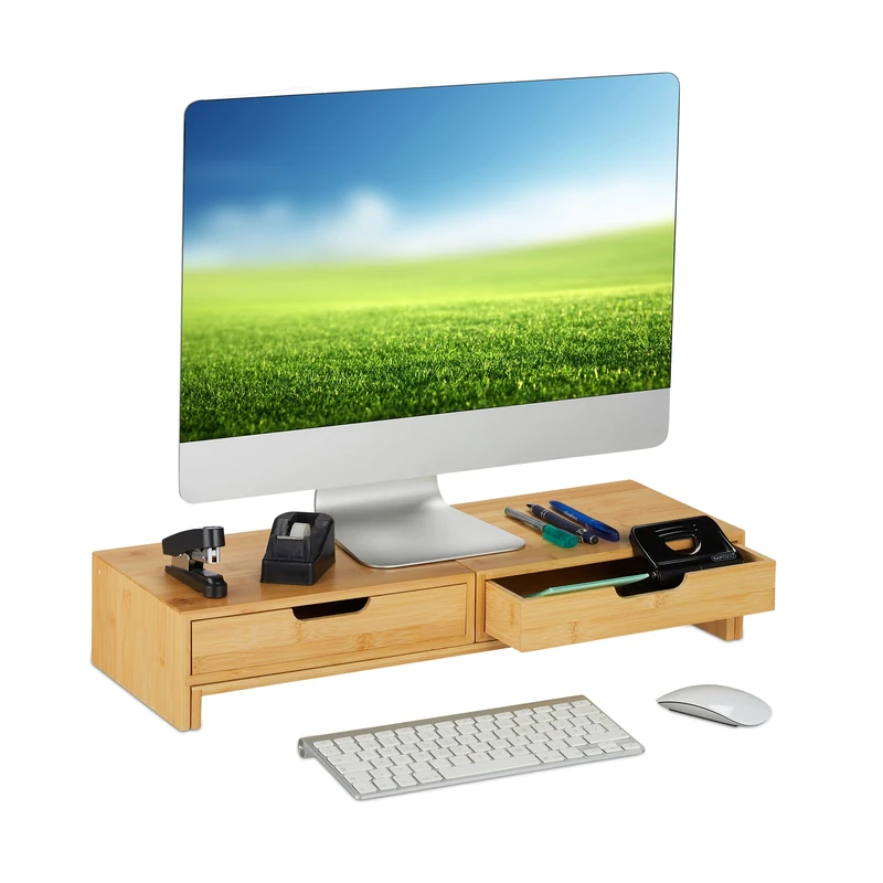 Relaxdays Stand for 2 Monitors, Extendable, Adjustable, HWD: 11x107x22 CM, Desk Screen Riser, Natural, Bamboo - Image 1